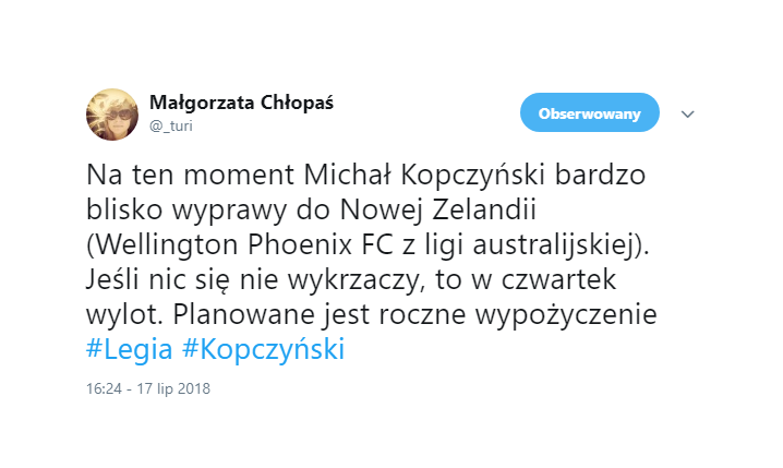 Michał Kopczyński odchodzi z Legii